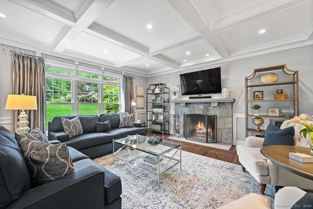 7 Forest View Dr, Newtown, CT 06482 - living area with coffered ceiling, wood finished floors, a fireplace with flush hearth, beam ceiling, and ornamental molding