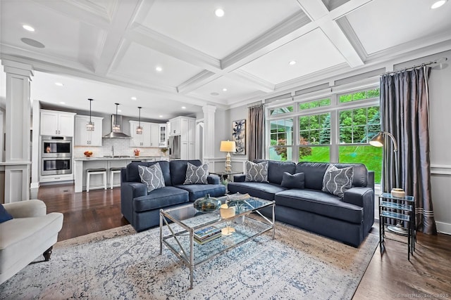 7 Forest View Dr, Newtown, CT 06482 - living area featuring ornate columns, coffered ceiling, dark wood-type flooring, recessed lighting, and beamed ceiling