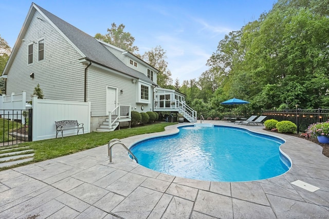 7 Forest View Dr, Newtown, CT 06482 - view of swimming pool with a sunroom, a patio area, and stairway