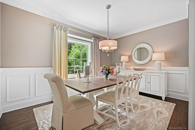 7 Forest View Dr, Newtown, CT 06482 - dining space with a decorative wall, ornamental molding, wainscoting, and dark wood-type flooring