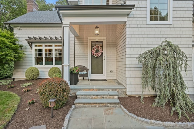 7 Forest View Dr, Newtown, CT 06482 - doorway to property featuring a chimney and covered porch