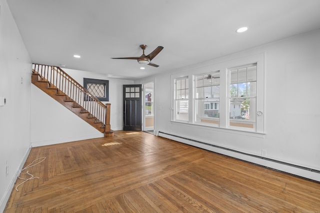 94 Prospect Ave, West Haven, CT 06516 - entryway featuring a baseboard heating unit, ceiling fan, stairs, wood-type flooring, and recessed lighting