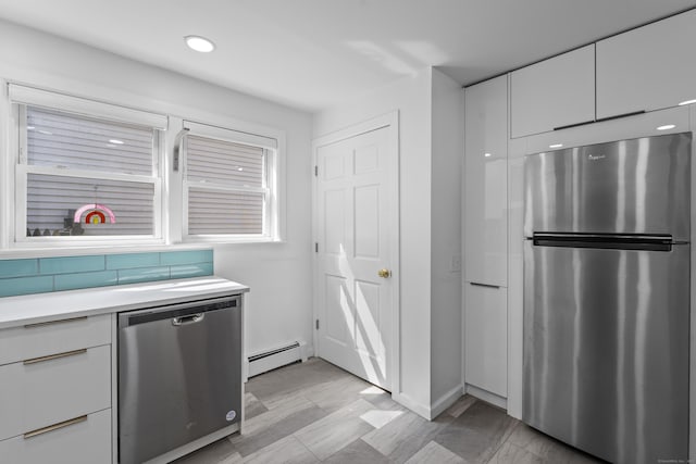 94 Prospect Ave, West Haven, CT 06516 - kitchen featuring stainless steel appliances, a baseboard radiator, white cabinetry, modern cabinets, and recessed lighting