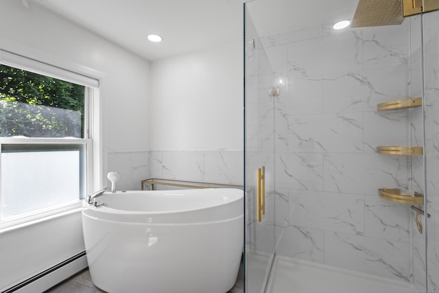 94 Prospect Ave, West Haven, CT 06516 - full bath with a baseboard radiator, a bathtub, a marble finish shower, and wainscoting