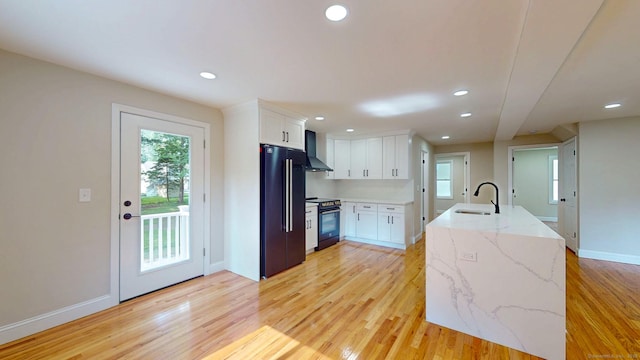 32 Miles Standish Dr, West Hartford, CT 06107 - kitchen featuring electric stove, fridge, wall chimney range hood, light wood-type flooring, and white cabinets
