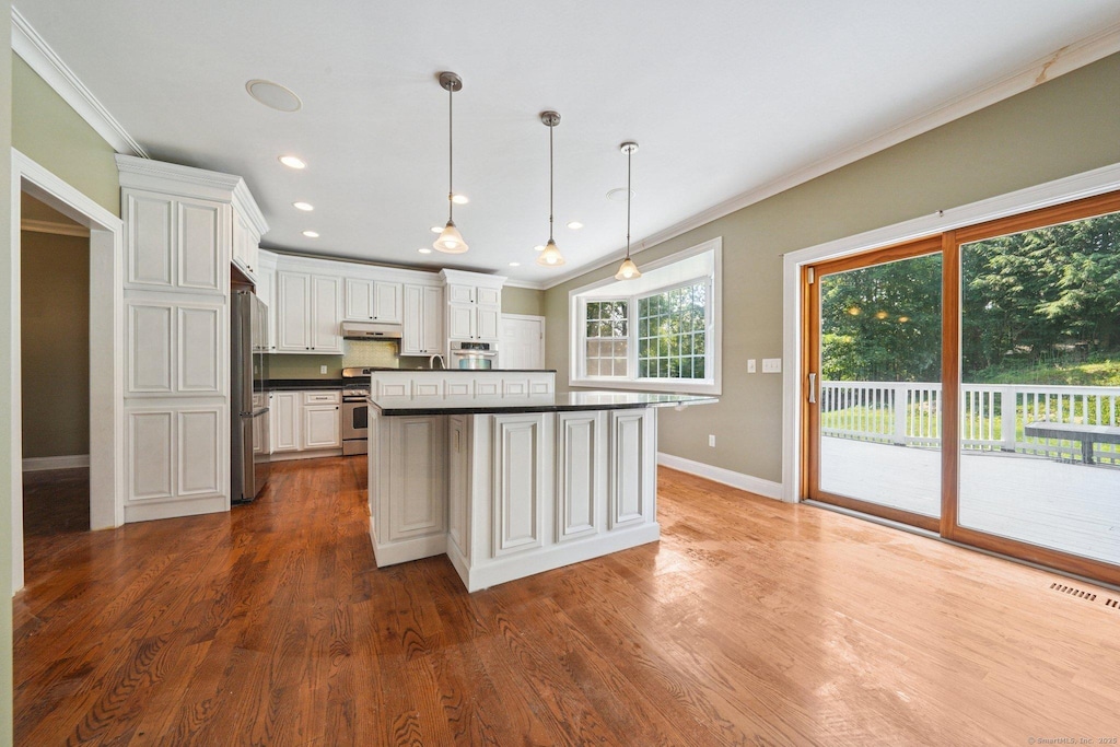 83 Cottage St, Trumbull, CT 06611 - kitchen with stainless steel appliances, dark countertops, under cabinet range hood, crown molding, and wood finished floors