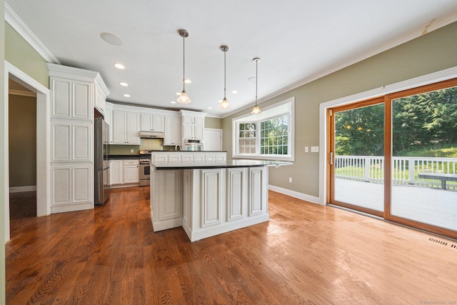 83 Cottage St, Trumbull, CT 06611 - kitchen with stainless steel appliances, dark countertops, under cabinet range hood, crown molding, and wood finished floors