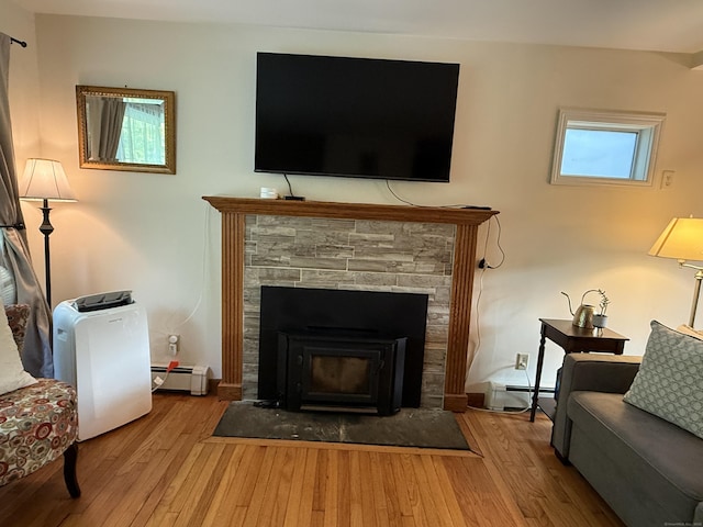 175 Luna Trail Ext, Southbury, CT 06488 - detailed view of a baseboard heating unit, wood finished floors, and a fireplace with flush hearth
