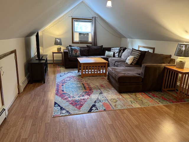 175 Luna Trail Ext, Southbury, CT 06488 - living room featuring wood finished floors, cooling unit, a baseboard radiator, and lofted ceiling