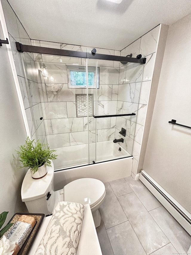 342 Middle Tpke E, Manchester, CT 06040 - bathroom with a baseboard radiator, bath / shower combo with glass door, and a textured ceiling
