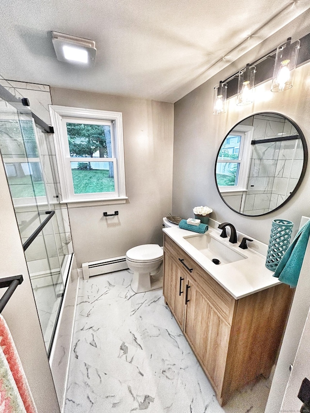 342 Middle Tpke E, Manchester, CT 06040 - bathroom with baseboard heating, vanity, a shower stall, marble look tiles, and a textured ceiling