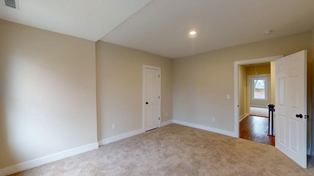 274 High St, Fairfield, CT 06824 - spare room with dark carpet, recessed lighting, a smoke detector, and attic access