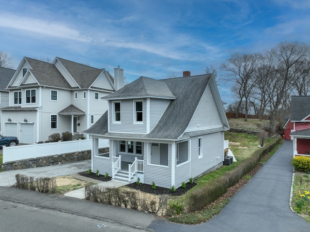 274 High St, Fairfield, CT 06824 - view of front of home featuring covered porch, a shingled roof, and a chimney