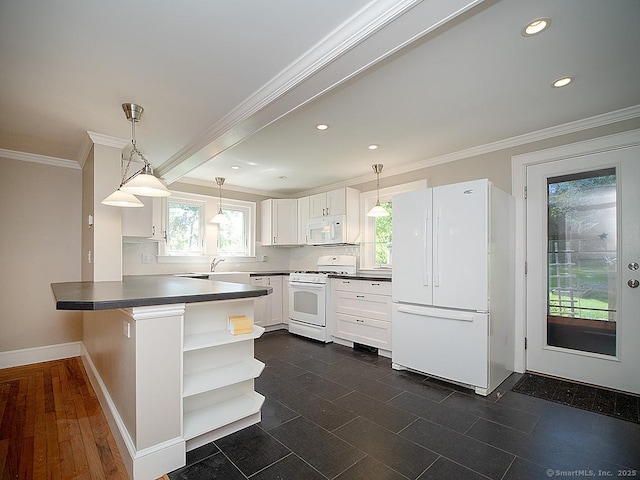 42 Homewood Ave, North Haven, CT 06473 - kitchen featuring white appliances, dark countertops, open shelves, a peninsula, and plenty of natural light