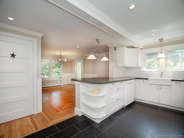 42 Homewood Ave, North Haven, CT 06473 - kitchen featuring white dishwasher, open shelves, ornamental molding, white cabinetry, and pendant lighting