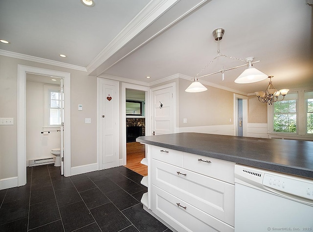 42 Homewood Ave, North Haven, CT 06473 - kitchen featuring dishwasher, dark countertops, a stone fireplace, ornamental molding, and white cabinetry