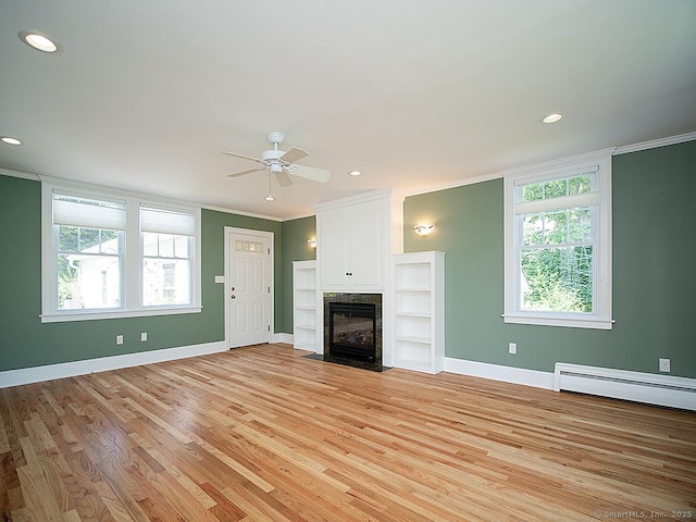 42 Homewood Ave, North Haven, CT 06473 - unfurnished living room with crown molding, a fireplace with flush hearth, a ceiling fan, light wood-style floors, and recessed lighting