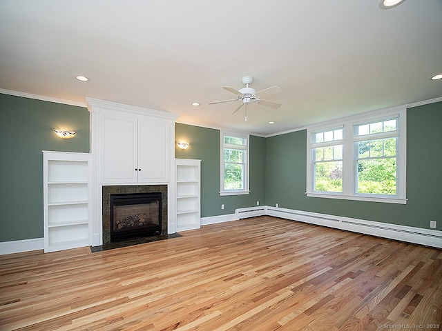 42 Homewood Ave, North Haven, CT 06473 - unfurnished living room featuring crown molding, a ceiling fan, light wood-style floors, a fireplace with flush hearth, and recessed lighting