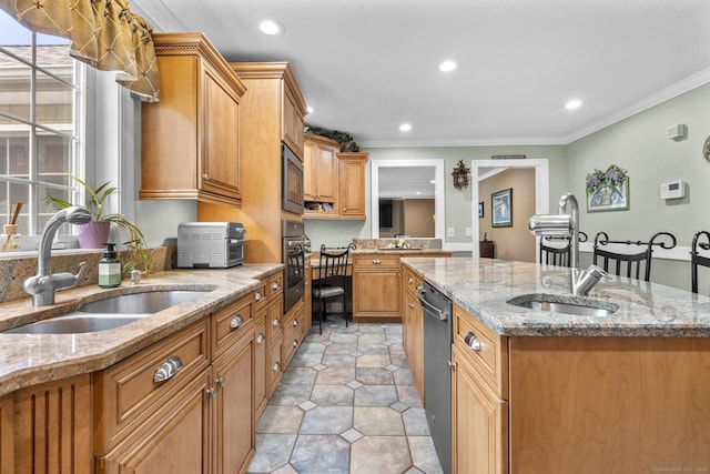 1199 Cornerstone Ct, Cheshire, CT 06410 - kitchen with an island with sink, appliances with stainless steel finishes, recessed lighting, ornamental molding, and light stone countertops