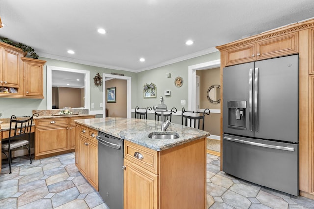 1199 Cornerstone Ct, Cheshire, CT 06410 - kitchen featuring stainless steel appliances, a center island with sink, recessed lighting, crown molding, and light stone countertops