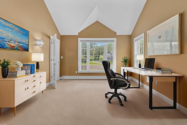1199 Cornerstone Ct, Cheshire, CT 06410 - office area featuring a baseboard heating unit, light carpet, and lofted ceiling