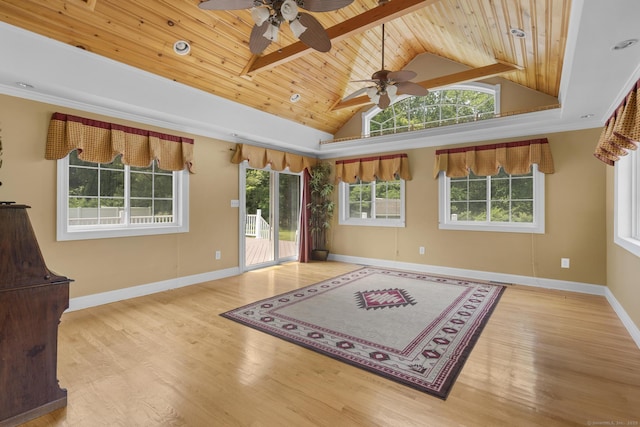 1199 Cornerstone Ct, Cheshire, CT 06410 - unfurnished room with a ceiling fan, a wooden ceiling with exposed beams, wood finished floors, and high vaulted ceiling