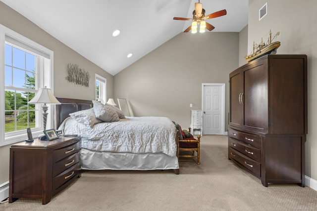 1199 Cornerstone Ct, Cheshire, CT 06410 - bedroom featuring light colored carpet, ceiling fan, baseboard heating, high vaulted ceiling, and recessed lighting