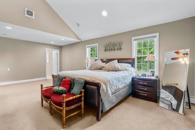 1199 Cornerstone Ct, Cheshire, CT 06410 - bedroom with light colored carpet, multiple windows, lofted ceiling, and recessed lighting