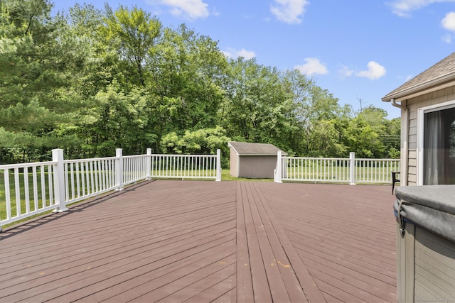 1199 Cornerstone Ct, Cheshire, CT 06410 - wooden terrace featuring a storage shed and view of wooded area