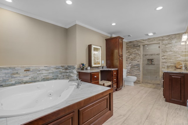 1199 Cornerstone Ct, Cheshire, CT 06410 - full bathroom featuring a shower stall, ornamental molding, a jetted tub, recessed lighting, and vanity