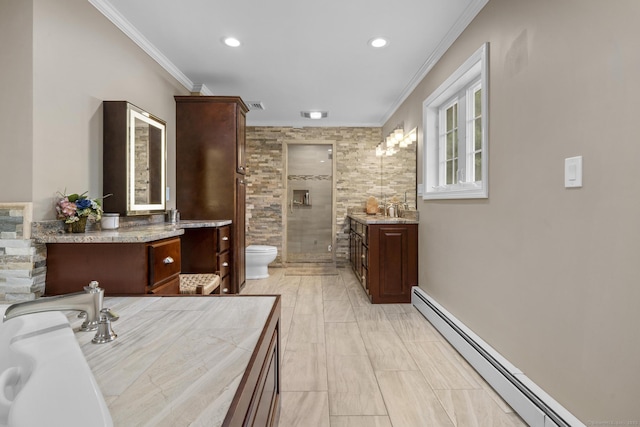 1199 Cornerstone Ct, Cheshire, CT 06410 - full bath featuring a baseboard radiator, a shower stall, crown molding, two vanities, and recessed lighting