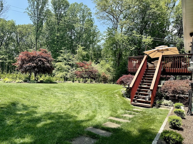 44 Fawn Hill Rd, Shelton, CT 06484 - view of green lawn with stairway and a wooden deck