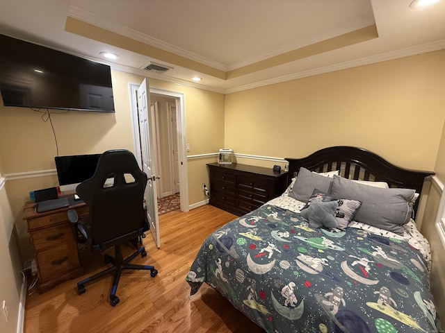 44 Fawn Hill Rd, Shelton, CT 06484 - bedroom with a raised ceiling, wood finished floors, ornamental molding, recessed lighting, and a desk