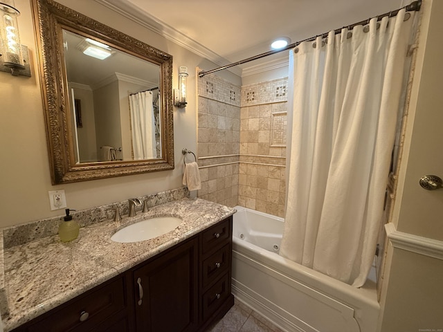 44 Fawn Hill Rd, Shelton, CT 06484 - full bathroom with vanity, ornamental molding, and shower / bathtub combination with curtain