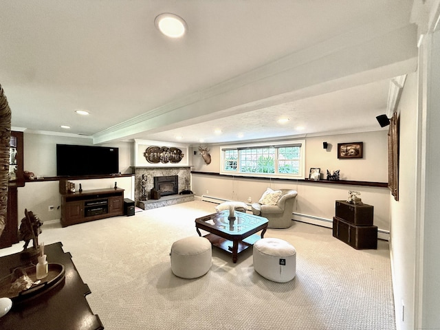 44 Fawn Hill Rd, Shelton, CT 06484 - carpeted living area featuring crown molding, a stone fireplace, recessed lighting, and a baseboard radiator