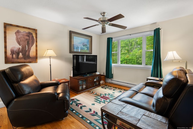 65 Norwich Westerly Rd, North Stonington, CT 06359 - living room featuring a baseboard heating unit, wood finished floors, and ceiling fan
