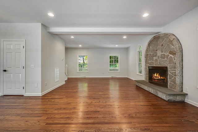 12B Hickory Dr, Greenwich, CT 06831 - unfurnished living room featuring wood finished floors, a fireplace, and recessed lighting