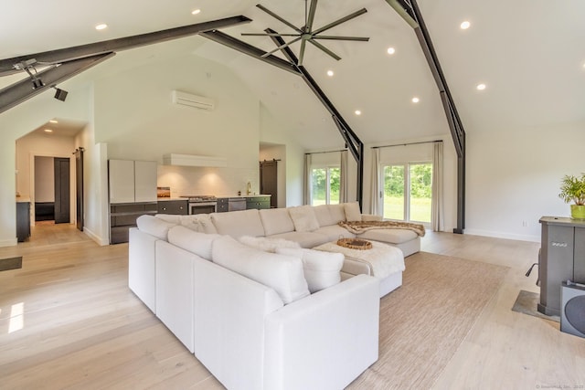 376 Rte 165, Preston, CT 06365 - living area featuring high vaulted ceiling, beam ceiling, an AC wall unit, ceiling fan, and recessed lighting