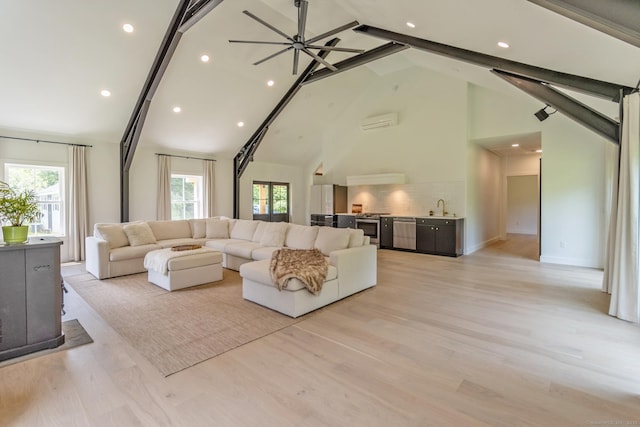 376 Rte 165, Preston, CT 06365 - living area featuring high vaulted ceiling, light wood-type flooring, beam ceiling, healthy amount of natural light, and recessed lighting