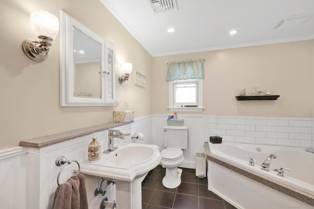 1028 Mountain Rd, Suffield, CT 06093 - bathroom with a bath, tile patterned flooring, and ornamental molding