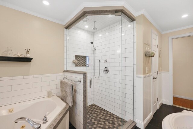 1028 Mountain Rd, Suffield, CT 06093 - bathroom featuring a shower stall, a bath, tile patterned flooring, recessed lighting, and ornamental molding