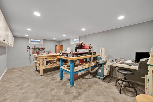 1028 Mountain Rd, Suffield, CT 06093 - miscellaneous room with a workshop area, recessed lighting, plenty of natural light, and stone finish flooring