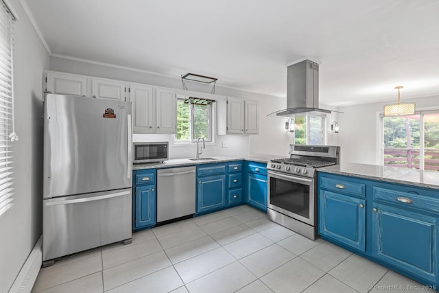 96 Pine Mountain Rd, Ridgefield, CT 06877 - kitchen with stainless steel appliances, island exhaust hood, blue cabinetry, light tile patterned floors, and light stone countertops