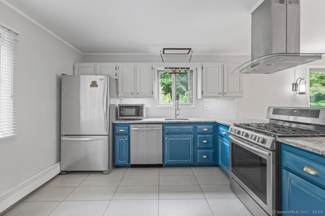 96 Pine Mountain Rd, Ridgefield, CT 06877 - kitchen with stainless steel appliances, island range hood, baseboard heating, blue cabinetry, and light tile patterned flooring
