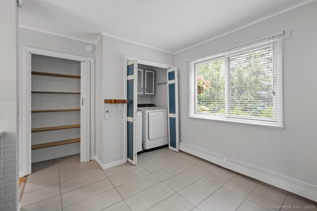 96 Pine Mountain Rd, Ridgefield, CT 06877 - kitchen featuring a baseboard radiator, independent washer and dryer, ornamental molding, and light tile patterned flooring