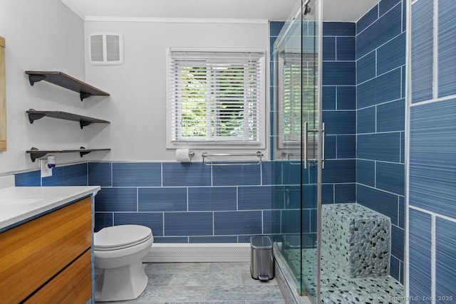 96 Pine Mountain Rd, Ridgefield, CT 06877 - full bath featuring tile walls, vanity, a shower stall, crown molding, and a wainscoted wall