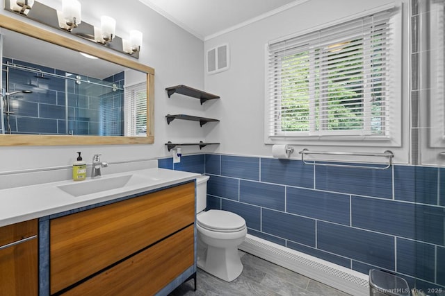 96 Pine Mountain Rd, Ridgefield, CT 06877 - full bath featuring vanity, crown molding, a tile shower, and tile walls