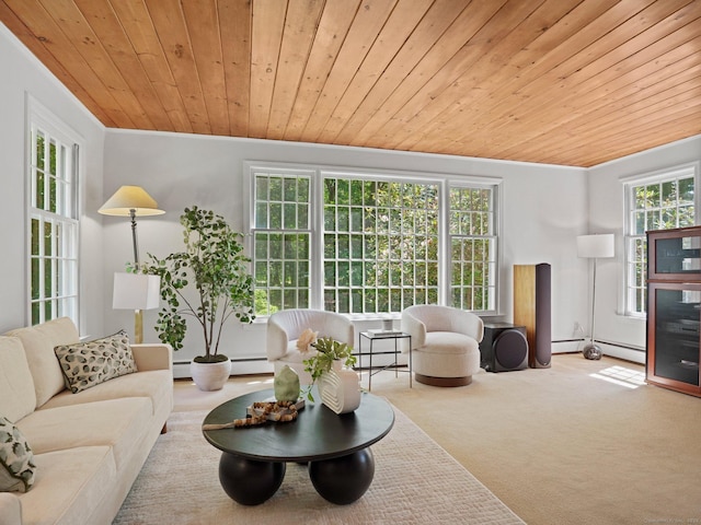 5 September Ln, Weston, CT 06883 - carpeted living room featuring wood ceiling and a baseboard heating unit