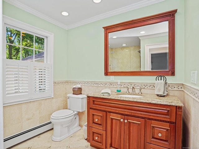 5 September Ln, Weston, CT 06883 - bathroom featuring a baseboard heating unit, tile walls, vanity, recessed lighting, and wainscoting