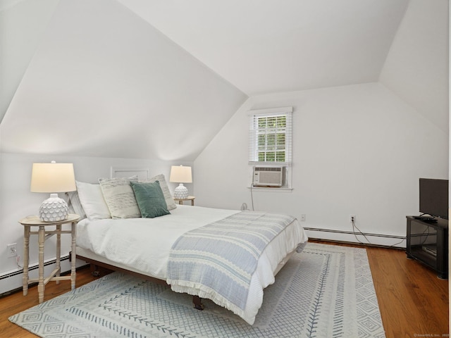 5 September Ln, Weston, CT 06883 - bedroom featuring baseboard heating, cooling unit, wood finished floors, and lofted ceiling